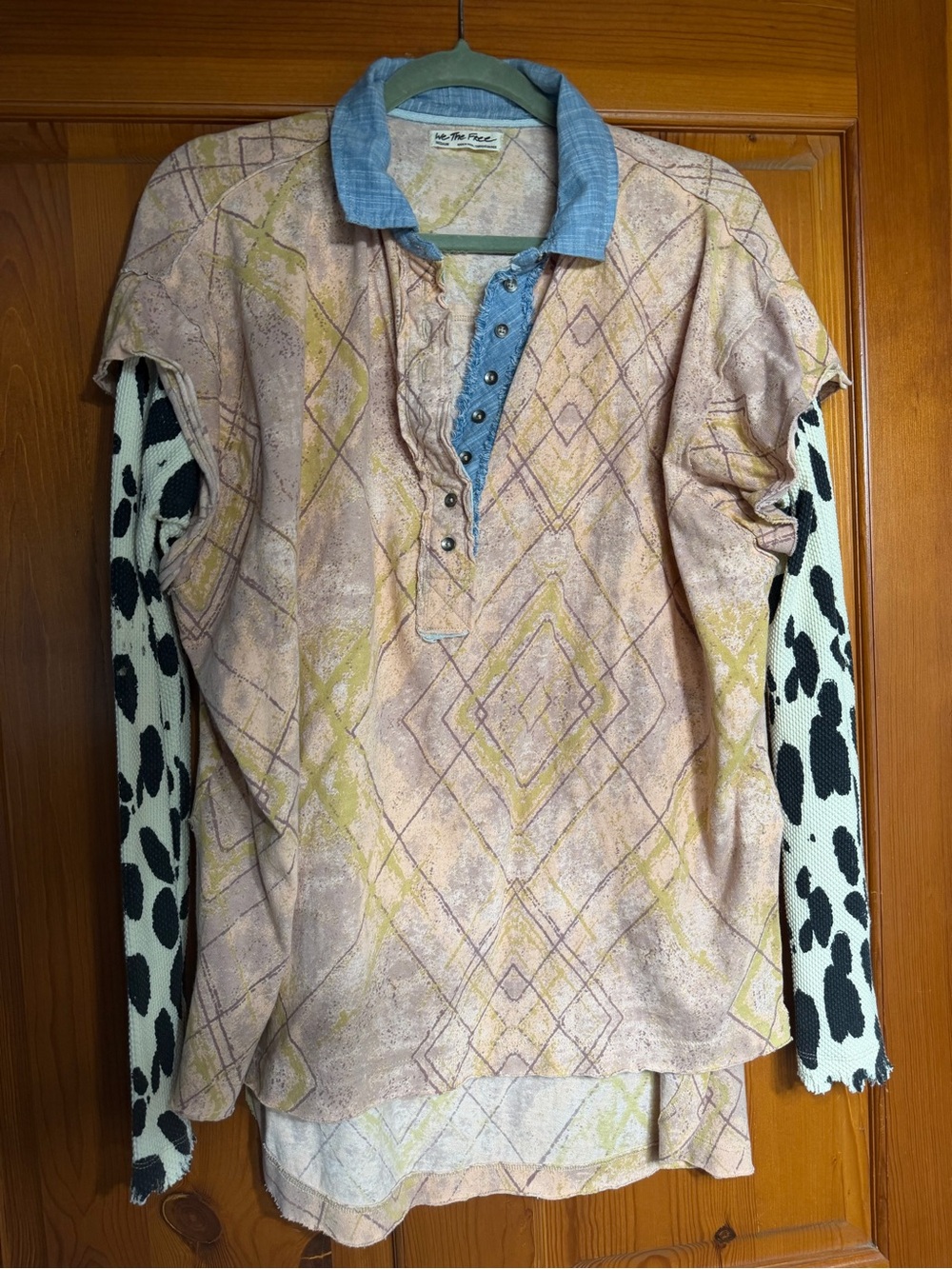 Women’s Patterned Long Sleeve Layered Polo Shirt - Peach/Blue